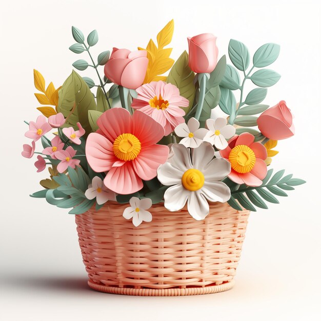 Vintage wicker basket with flowers 3d Spring flowers and leaves for invitation greeting card poster