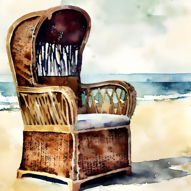 Винтажное плетеное пляжное кресло для отдыха и летних флюидов в стиле акварели