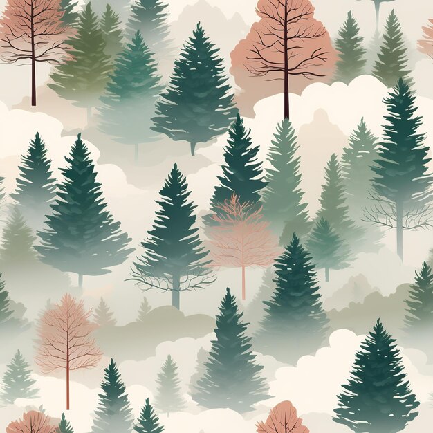 Vintage Wilderness HipsterStyle Seamless Pattern of Misty Spruce Forest