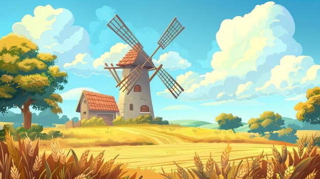 Фото Винтажная ветряная мельница под голубым облачным небом на фермерском ландшафте лето или осень сельская фермерская сцена иллюстрация мультфильма