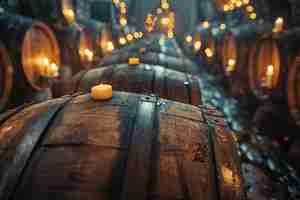 Photo vintage wine barrels in cellar with ambient candlelight