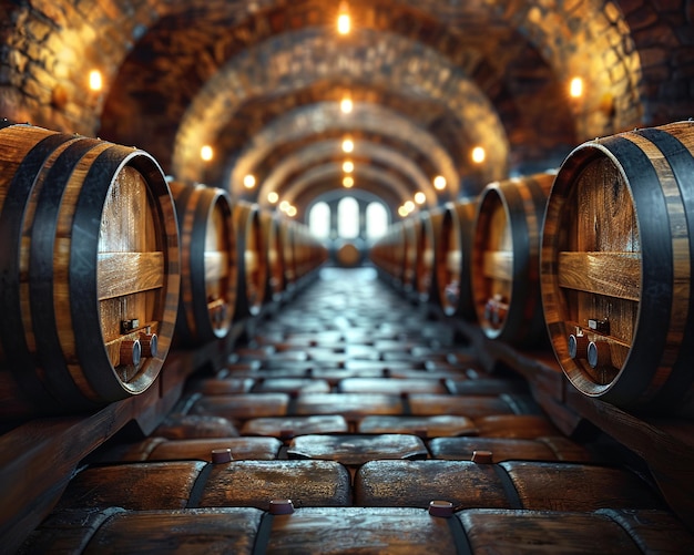 Vintage winemaking cellar with barrels in soft focus