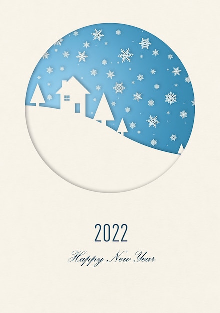 사진 빈티지 겨울 눈송이 아래 집과 함께 새 해 복 많이 받으세요 카드. 2022년