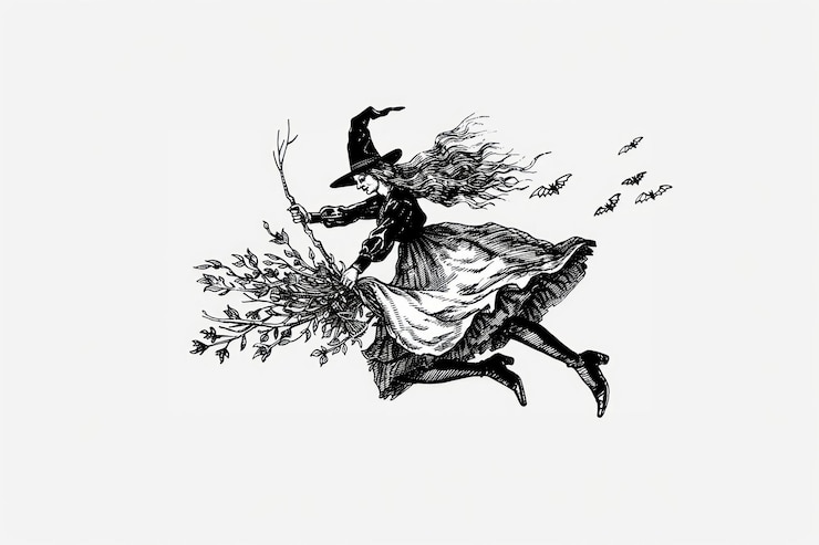 Photo vintage witch flying broomstick illustration