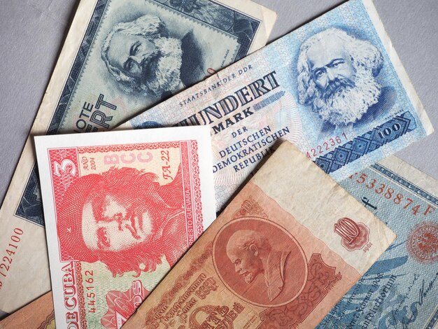 Vintage withdrawn banknotes of CCCP DDR Germany