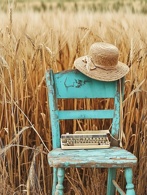 Foto sedia in legno vintage con vernice turchese sbucciante in mezzo a un campo di alto cappello di paglia di grano dorato