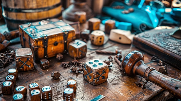 vintage wooden dice and board game pieces on a table