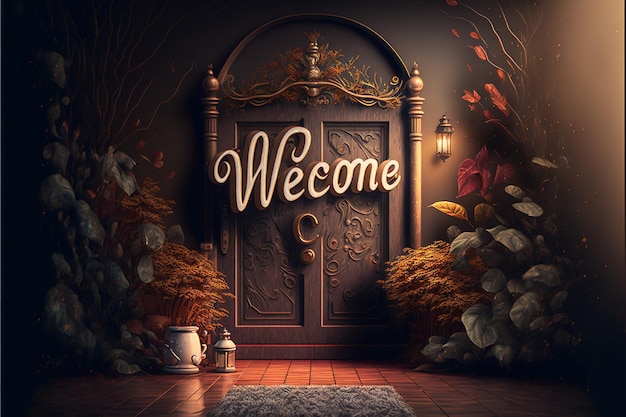 Vintage Wooden Door with 3D Welcome Sign for a Warm Greeting Ai Generated Art Work