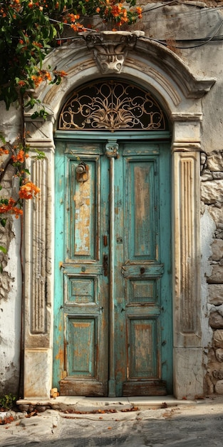 Photo vintage wooden door with elaborate lintel in dark hydra town attica greece