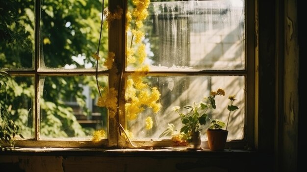 Photo vintage wooden frame glass window summer sunny old city view