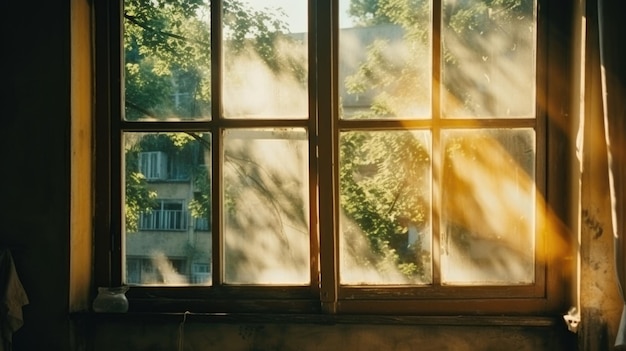 Vintage Wooden Frame Glass Window Summer Sunny Old City View