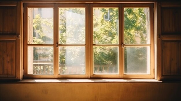 写真 ビンテージ木製フレーム ガラス窓夏の日当たりの良い旧市街の景色