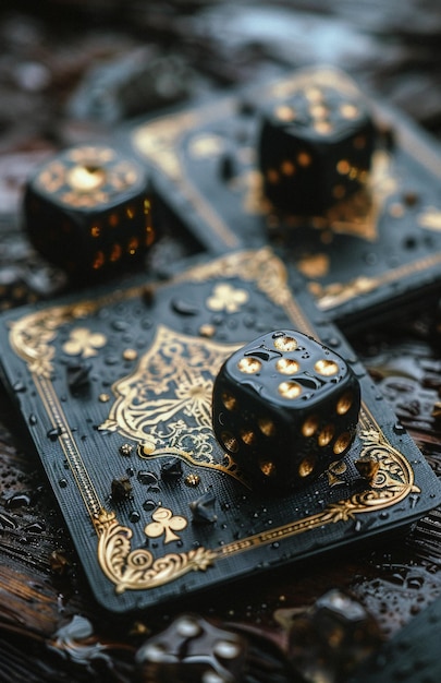 Vintage wooden gaming dices and cards on wet wooden surface