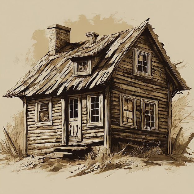 vintage wooden house with old log in the background