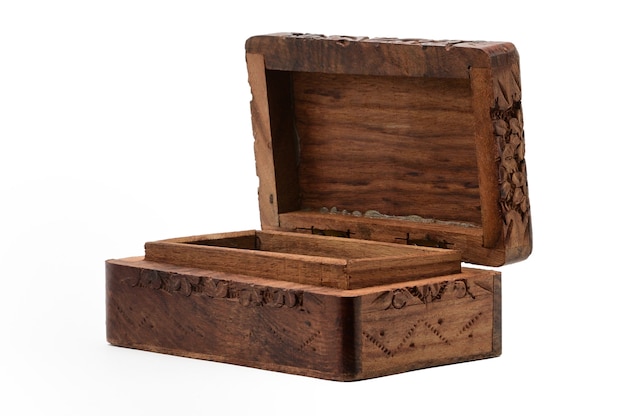 Vintage wooden jewelry box isolated.