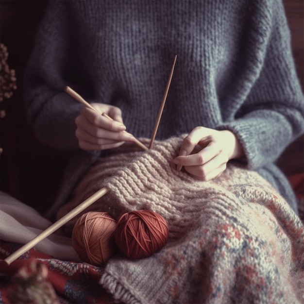 여성의 손에 있는 빈티지 나무 뜨개질 바늘과 가닥