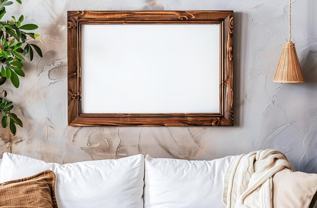 Photo vintage wooden picture frame above cozy white sofa in contemporary living room