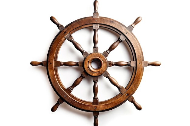 Vintage wooden ship steering wheel isolated on white old ship