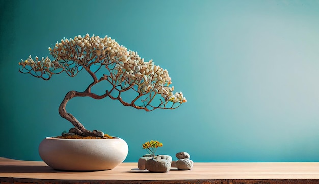 Photo vintage wooden table shelf with pebble and potted