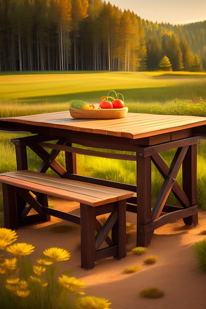 Vintage wooden table with benches in nature