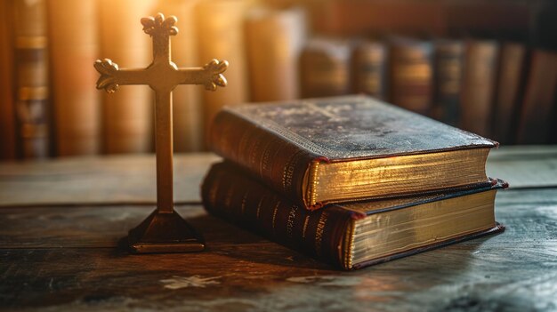 Photo vintage wooden table with bible on background