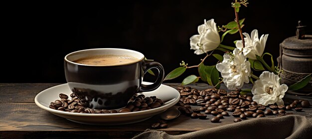 Photo vintage wooden table with espresso coffee cup and freshly roasted coffee beans as background