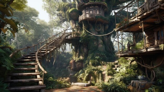 The vintage wooden treehouse on large tree with spiral stair in ancient jungle Generative AI image AIG30