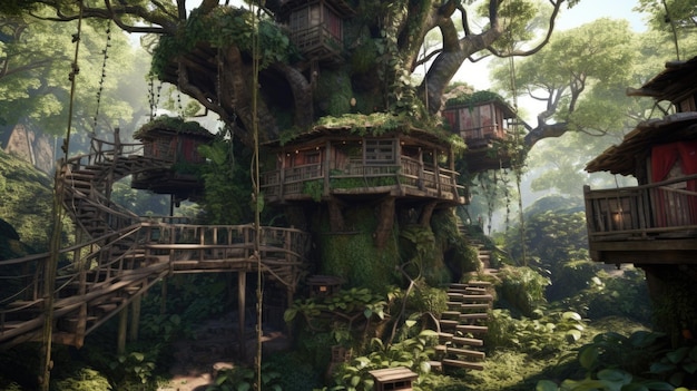 The vintage wooden treehouse on large tree with spiral stair in ancient jungle Generative AI image AIG30