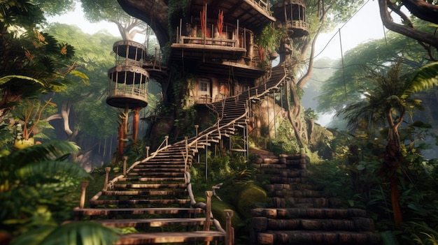 The vintage wooden treehouse on large tree with spiral stair in ancient jungle Generative AI image AIG30