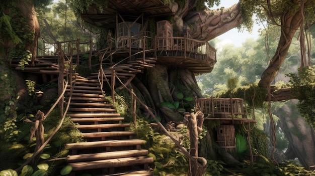 The vintage wooden treehouse on large tree with spiral stair in ancient jungle Generative AI image AIG30