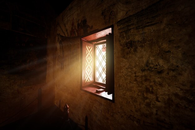 Vintage wooden window and old wall