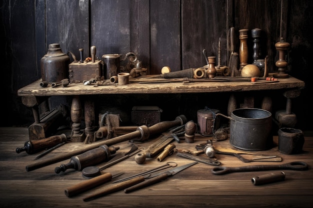 Vintage woodworking tools on rustic table created with generative ai