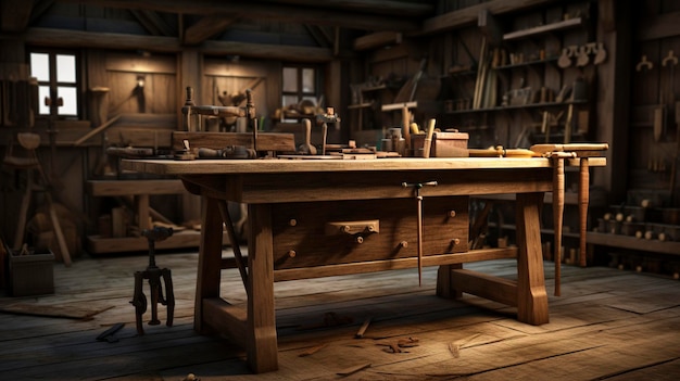 Foto atelier di lavorazione del legno vintage con strumenti su una panchina di legno sullo sfondo scuro