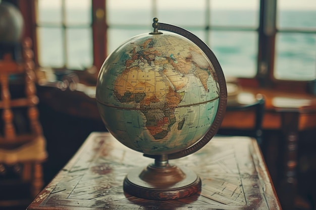 Vintage World Globe op houten bureau met uitzicht op de oceaan door het raam Reizen Geografie en
