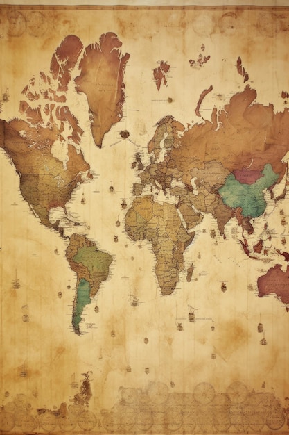 Vintage world map on aged parchment created with generative ai