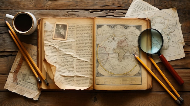 Photo vintage world map with magnifying glass and old book with photo