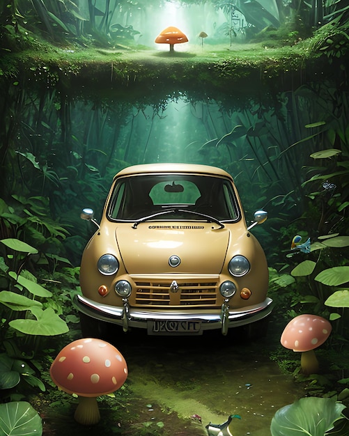 Photo a vintage yellow car in the magical forest