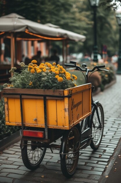 Photo vintage yellow cart filled with vibrant flowers on a cobblestone path in an urban park setting