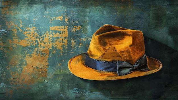 Photo a vintage yellow fedora hat with a black ribbon sits on a textured green background
