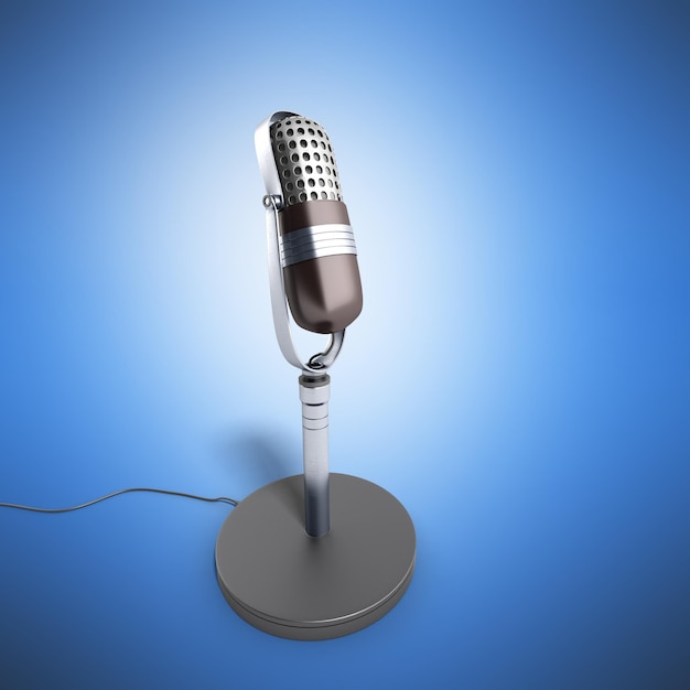 Vintage zilveren microfoon geïsoleerd op blauwe achtergrond 3D-render