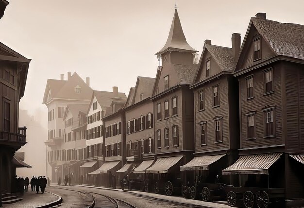 Foto vintage zwart-wit sepia foto van de oude stad van de 19e eeuw met mist en rook