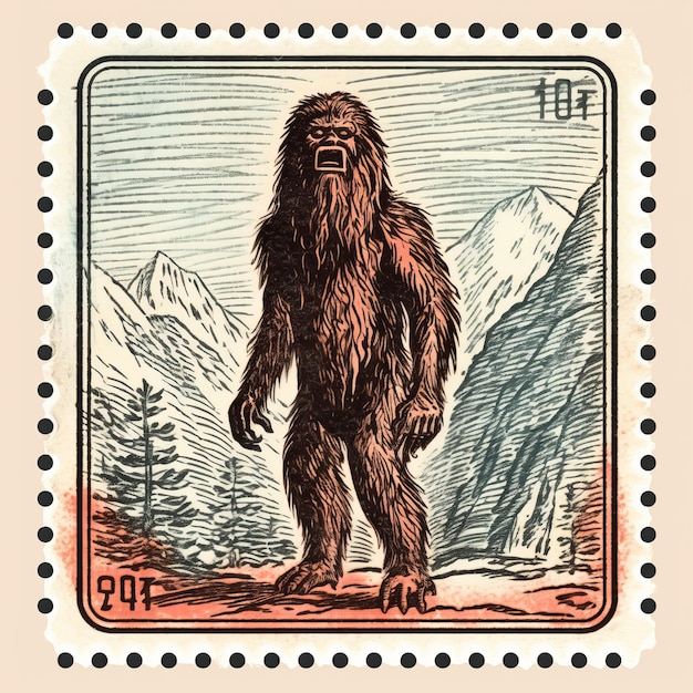 Photo vintageinspired bigfoot postage stamp with midcentury illustration style