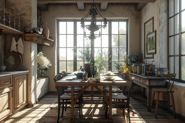 Foto sala da pranzo d'ispirazione vintage con fattoria rustica