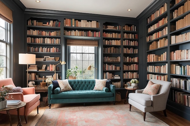 Vintageinspired home library with bookshelves and a cozy reading corner