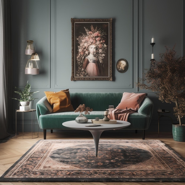 Vintageinspired living room with velvet sofa and persian rug