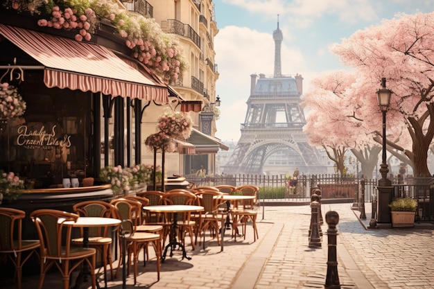 写真 ヴィンテージにインスパイアされたパリのカフェシーンで造鉄のテーブルと魅力的な装飾