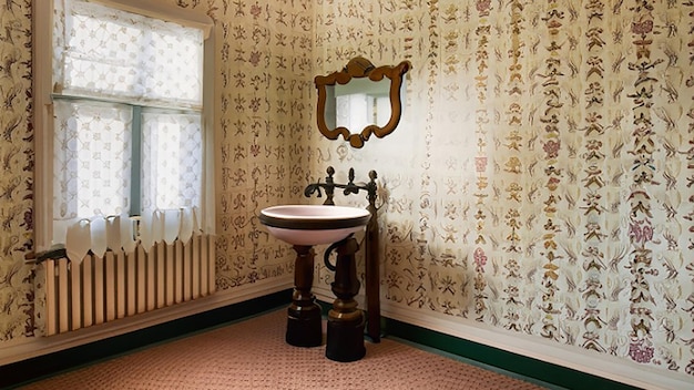 Вентилированная ванная комната с раковиной на пьедестале и ретро обоями