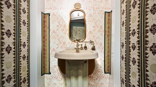Вентилированная ванная комната с раковиной на пьедестале и ретро обоями
