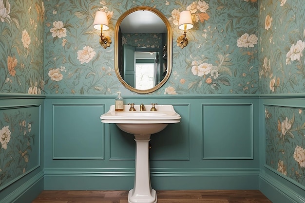 Vintageinspired powder room with a pedestal sink and retro wallpaper