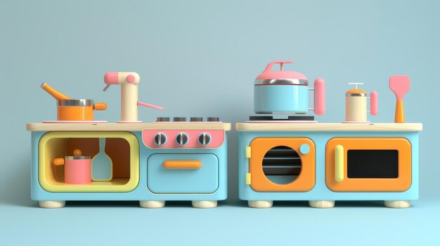 Photo vintageinspired toy kitchen sets with a modern twist 3d style isolated flying objects memphis style 3d render ai generated illustration